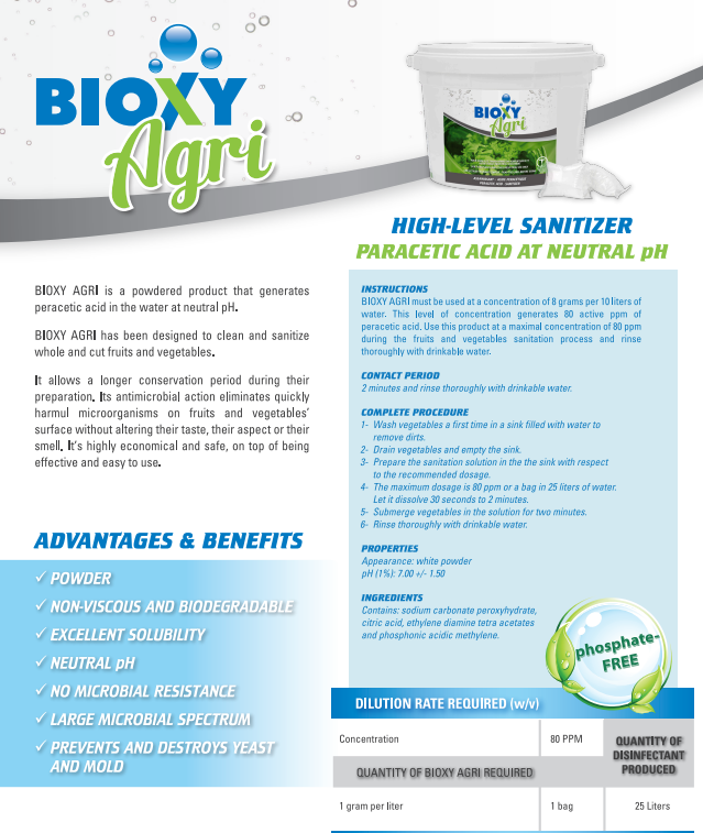 BIOXY AGRI - Désinfectant pour Fruits et Légumes, Breveté, Acide Peracétique en Poudre, Biologique, Approuvé Ecocert, 500g