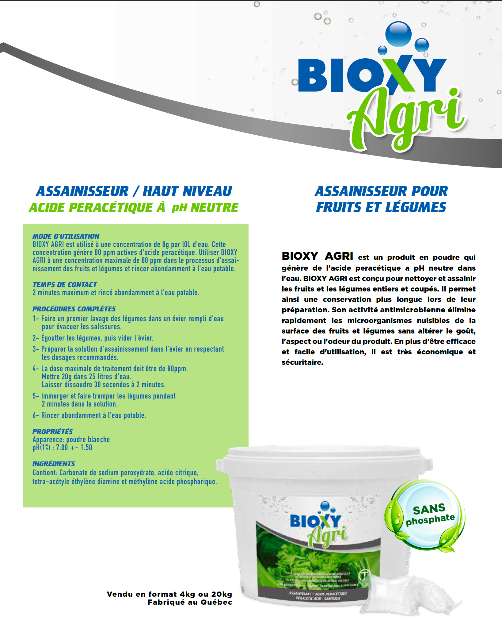 BIOXY AGRI - Désinfectant pour Fruits et Légumes, Breveté, Acide Peracétique en Poudre, Biologique, Approuvé Ecocert, 500g