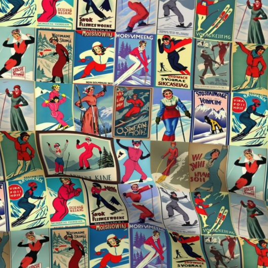 Tissu Vintage Style Femmes Skieuses Collage Art