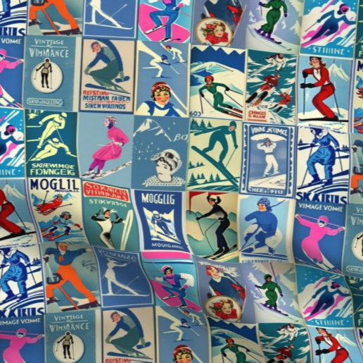 Tissu style vintage femmes skieuses en bleu Collage Art